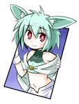  :&gt; animal_ears bare_shoulders bright_pupils crossbone_gundam crossbone_gundam_ghost gloves green_hair gundam haroro kugelschreiber navel red_eyes short_hair smile solo 