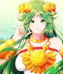  1girl bare_shoulders breasts chain forehead_jewel gold_chain green_eyes green_hair hair_twirling highres indisk_irio jewelry kid_icarus laurel_crown long_hair neck_ring palutena parted_bangs smile solo vambraces 