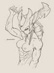  1girl abs completely_nude greyscale helmet highres horns league_of_legends monochrome muscular muscular_female nipples non-web_source nude shyvana simple_background solo twitter_username upper_body 