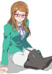  1girl akai_meganee black_pantyhose blue_ribbon breasts brown_hair commentary_request foot_out_of_frame glasses green_jacket highres jacket long_hair long_sleeves looking_at_viewer medium_breasts neck_ribbon office_lady pantyhose pencil_skirt pretty_series red-framed_eyewear ribbon shirt shoes simple_background sitting skirt solo tsujii_ruki waccha_primagi! white_background white_shirt white_skirt 