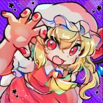  1girl ascot blonde_hair collared_shirt cowboy_shot crystal fang flandre_scarlet hat highres looking_at_viewer medium_hair mob_cap nail_polish one_side_up open_mouth puffy_short_sleeves puffy_sleeves purple_background red_eyes red_nails red_skirt red_vest shirt short_sleeves simple_background skirt skirt_set solo star_(symbol) suguharu86 touhou vest white_headwear white_shirt wings yellow_ascot 