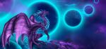 ambiguous_gender blue blue_body blue_horn blue_scales blue_spikes claws dragon fantasy feral flying hi_res horn looking_up pink planet purple purple_body purple_scales scales selianth solo space star tail up wings