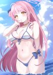  1girl absurdres bikini blue_archive blush breasts cleavage closed_mouth collarbone cowboy_shot day hair_bun halo highres large_breasts long_hair mika_(blue_archive) nyawoo ocean outdoors pink_hair pink_halo single_side_bun solo swimsuit water wet white_bikini yellow_eyes 