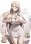  1girl absurdres bag bare_shoulders black_choker blonde_hair blue_eyes blue_hair blush breasts choker cleavage collarbone ear_piercing glasses gyaru heart heart-shaped_boob_challenge heart_hands highres jewelry kogal kuse_(0201) large_breasts long_hair looking_at_viewer magazine_(object) necklace off_shoulder one_eye_closed original parted_lips pencil_skirt piercing pillow shiny_skin sitting skirt smile snowflakes solo teacher teeth thighs very_long_hair white_background 