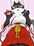 2024 4_fingers anthro asian_clothing blush bottomwear breasts canid canine canis claws clothed clothing cute_fangs digital_media_(artwork) domestic_dog east_asian_clothing fangs female female_anthro finger_claws fingers fur gesture hakama hi_res japanese_clothing kame_3 kemono looking_at_viewer low-angle_view mammal miko_outfit pawpads paws shrine_maiden solo teeth waving waving_at_viewer
