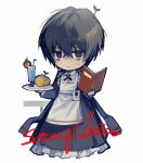  1boy black_coat black_eyes black_hair book closed_mouth coat coat_on_shoulders cup dante_(limbus_company) dress frilled_dress frills g7cdpdto2i6hot6 holding holding_book holding_plate id_card limbus_company plate potato project_moon sample_watermark solo sprout watermark yi_sang_(project_moon) 