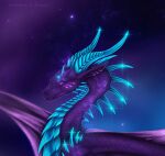 ambiguous_gender blue_body blue_horn blue_scales blue_spikes cloud dragon english_text fantasy feral glowing head_shot horn pink_eyes planet purple_body purple_scales scales selianth sky solo space star starry_sky text