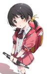  1girl :o ascot backpack bag black_hair bow child dress flute from_above hair_bobbles hair_ornament hashtag_only_commentary highres holding holding_instrument instrument kaai_yuki kaai_yuki_(vocaloid4) knokzm looking_at_viewer open_mouth plaid_ascot randoseru recorder red_ascot red_bow red_dress red_skirt shadow shirt short_hair short_twintails simple_background skirt socks solo twintails vocaloid white_background white_shirt white_socks yellow_eyes 
