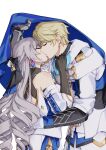  1boy 1girl arm_around_waist bare_shoulders black_gloves blonde_hair blue_cape bronya_rand cape closed_eyes coat detached_sleeves dqdph earrings english_commentary from_side gepard_landau gloves grey_hair hetero highres honkai:_star_rail honkai_(series) jewelry kiss long_hair short_hair simple_background upper_body white_background white_coat white_gloves 