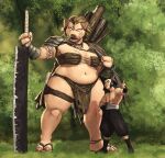 absurd_res anthro armor bottomwear breasts brown_hair cleaver_(weapon) clothed clothing duo female floppy_ears footwear gesture hair hi_res hooves human humanoid larger_anthro larger_female loincloth looking_at_viewer male mammal melee_weapon navel orc overweight overweight_anthro overweight_female pauldron redustheriotact sandals shirtless size_difference skimpy smaller_human smaller_male suina thick_thighs thumbs_up tusks warrior weapon