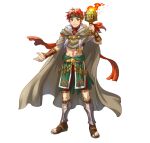  1boy cape capelet fire fire_emblem fire_emblem:_radiant_dawn full_body fur-trimmed_capelet fur_trim headband indesign looking_at_viewer midriff navel official_alternate_costume official_art red_eyes red_hair red_scarf scarf smile solo tachi-e torch tormod_(fire_emblem) tormod_(indomitable_will)_(fire_emblem) 
