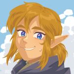 blonde_hair blue_eyes chibicmps clothing cloud day elf hair hi_res humanoid humanoid_pointy_ears hylian link looking_at_viewer male nintendo not_furry smile solo the_legend_of_zelda