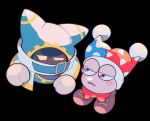  2boys belt black_background bow bowtie brown_footwear colored_skin commentary_request disembodied_limb fang gloves hat jester_cap kirby&#039;s_return_to_dream_land kirby_(series) kirby_super_star magolor marx_(kirby) multiple_boys ni_re open_mouth pink_skin purple_eyes red_bow red_bowtie shoes simple_background white_gloves wince yellow_eyes 