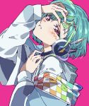  1girl adjusting_hair arm_up blue_hair blunt_bangs commentary_request eyeshadow facial_mark green_hair hand_on_own_head hand_up head_tilt headphones idol_clothes jacket long_sleeves looking_at_viewer makeup multicolored_hair nail_polish omega_auru omega_auru_(primagista) open_mouth pink_background pink_eyes pretty_series short_hair simple_background solo streaked_hair tsujii_ruki upper_body waccha_primagi! white_jacket 