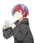  1girl :t black_hoodie blue_hair closed_mouth commentary_request eating food glasses grey_eyes hands_up holding holding_food hood hood_down hoodie long_sleeves looking_to_the_side mochi multicolored_hair penny_(pokemon) pokemon pokemon_sv red_hair round_eyewear solo tonu_(aobatonu) two-tone_hair upper_body white_background 