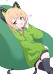  1girl absurdres animal_ear_headphones animal_ears black_thighhighs blonde_hair blue_archive blue_bow blush bow cat_tail fake_animal_ears green_eyes green_halo green_hoodie hagoonha hair_bow halo headphones heart highres hood hoodie long_sleeves looking_at_viewer midori_(blue_archive) open_mouth short_hair simple_background smile solo tail thighhighs white_background 