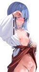 1girl blue_eyes blue_hair blush breasts clothes_lift cum cum_in_pussy hakama hakama_lift highres japanese_clothes kanzarin kanzarin_(vtuber) lifted_by_self long_sleeves miko nipples original red_hakama short_hair simple_background small_breasts standing virtual_youtuber white_background 