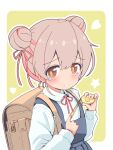  1girl aged_down backpack bag border brown_eyes child commentary crime_prevention_buzzer double_bun frown hair_between_eyes hair_bun hair_ribbon heart highres light_blush long_sleeves looking_at_viewer neck_ribbon onii-chan_wa_oshimai! outline outside_border overall_skirt oyama_mahiro pink_hair randoseru red_ribbon ribbon shirt shukusei!!_loli-gami_requiem simple_background solo star_(symbol) tearing_up unkimo upper_body white_border white_outline white_shirt wing_collar yellow_background 
