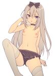  1girl adjusting_hair arm_support black_bow black_choker black_panties bow breasts choker commentary_request everyntrge frilled_panties frills grey_hair grey_thighhighs hair_bow long_hair looking_at_viewer navel nipples open_mouth original panties purple_eyes simple_background small_breasts solo thighhighs topless underwear white_background 