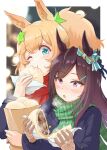  2girls absurdres animal_ears baozi blue_bow blue_coat blue_eyes blurry blurry_background border bow brown_gloves coat ear_bow ear_ornament eating food gloves green_scarf hair_ornament hairclip highres holding holding_food horse_ears horse_girl inuyama_tarou light_brown_hair looking_at_another mejiro_dober_(umamusume) multiple_girls night one_eye_closed open_mouth ponytail purple_eyes red_scarf scarf star_(symbol) star_hair_ornament striped_clothes striped_scarf taiki_shuttle_(umamusume) umamusume upper_body white_border 