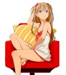  9aki bare_shoulders barefoot blue_eyes breasts brown_hair chemise cleavage evangelion:_2.0_you_can_(not)_advance feet feet_on_chair hand_in_hair highres long_hair looking_at_viewer medium_breasts neon_genesis_evangelion pillow rebuild_of_evangelion shikinami_asuka_langley sitting soles solo souryuu_asuka_langley toenail_polish toes 