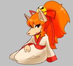anthro asian_clothing auburn_hair bangs bell big_hair boots braless breasts canid canine ceroba_(undertale_yellow) clothing east_asian_clothing female footwear fox hair japanese_clothing kimono kimono_only looking_aside looking_at_viewer mammal multicolored_clothing multicolored_kimono pear-shaped_figure ponytail reclining red_clothing red_kimono red_nose side_bangs small_breasts snout solo two_tone_clothing two_tone_kimono undertale_(series) undertale_yellow unknown_artist white_clothing white_kimono wide_hips