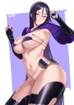  1girl absurdres arm_armor arm_up armpits bikini bikini_top_only black_hair black_thighhighs breasts clothing_cutout fate/grand_order fate_(series) groin highres kurozawa_yui large_breasts looking_at_viewer minamoto_no_raikou_(fate) navel no_panties purple_bikini purple_eyes purple_nails purple_sleeves simple_background solo stomach swimsuit thigh_cutout thighhighs thighs 