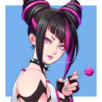  1girl artist_name bare_shoulders black_hair blue_background blue_eyes blue_nails body_markings border candy collar commentary_request diagonal_bangs epuusa food hair_horns han_juri heterochromia highres holding holding_candy holding_food holding_lollipop lollipop multicolored_hair outside_border parted_lips pink_eyes pink_hair pink_lips sidelocks simple_background solo spiked_collar spikes streaked_hair street_fighter street_fighter_6 teeth twitter_username two-tone_hair upper_body white_border 
