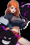  1girl absurdres black_background black_lips breasts commentary earrings english_commentary expressionless eyelashes gothic highres jewelry large_breasts long_hair looking_at_viewer midriff nami_(one_piece) navel one_piece orange_eyes orange_hair redpostit shorts simple_background solo standing zeus_(one_piece) 