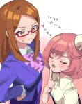  2girls akai_meganee ayase_naru blue_jacket bow brown_hair closed_eyes closed_mouth collared_shirt commentary_request finger_to_own_chin frown glasses hand_on_own_hip hand_up heart highres jacket long_hair looking_at_another multiple_girls open_mouth pink_bow pink_hair pretty_rhythm pretty_rhythm_rainbow_live pretty_series red-framed_eyewear semi-rimless_eyewear shirt short_hair standing sweatdrop translation_request tsujii_ruki under-rim_eyewear upper_body white_shirt 