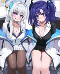  2girls 82jhin absurdres black_pantyhose black_skirt blue_archive blue_eyes blush breasts cleavage closed_mouth collarbone collared_shirt feet_out_of_frame grey_hair halo highres jacket korean_commentary large_breasts long_hair looking_at_viewer mechanical_halo multiple_girls noa_(blue_archive) pantyhose pleated_skirt purple_eyes purple_hair shirt sitting skirt smile suit two-sided_fabric two-sided_jacket two_side_up white_jacket white_shirt white_skirt yuuka_(blue_archive) 