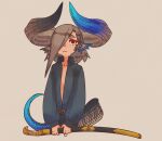  1girl animal_ears asymmetrical_horns belt blue_horns blue_shirt blue_tail closed_mouth collared_shirt cropped_torso curled_horns dragon_girl dragon_horns dragon_tail flat_chest grey_hair grey_horns grey_tail hair_over_one_eye highres holding holding_sword holding_weapon horns kmbk long_sleeves looking_up mismatched_animal_ears mismatched_horns multicolored_tail one_eye_covered open_clothes open_shirt original pointy_ears puffy_long_sleeves puffy_sleeves red_eyes shirt short_hair simple_background solo sword tail weapon 