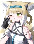  1girl 1other absurdres animal_ear_fluff animal_ears arknights bare_shoulders blonde_hair blue_hairband blush braid breasts cheek_pinching commentary_request disembodied_limb doctor_(arknights) flying_sweatdrops fox_ears fox_girl fox_tail green_eyes hair_between_eyes hair_rings hairband hand_up highres kitsune multicolored_hair pinching shirt sidelocks simple_background small_breasts solo_focus spam_(spamham4506) suzuran_(arknights) sweat tail twin_braids two-tone_hair upper_body white_background white_hair white_shirt wrist_cuffs 