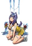  1girl animal_ear_fluff animal_ears bare_shoulders blue_eyes breasts cleavage dog_girl dog_tail full_body futoku_no_guild hitamu_kyan kneeling large_breasts purple_hair raccoon_ears simple_background sleeveless slime_(creature) solo tail thighs white_background 