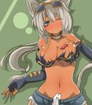  animal_ears blue_eyes blush breasts cat_ears cat_tail collarbone dark_skin denim denim_shorts dyson_(edaokunnsaikouya) elbow_gloves eyewear_on_head fingerless_gloves fish gloves groin kaiten_muten-maru large_breasts long_hair looking_at_viewer navel one_eye_closed shamu_meruruusa shorts silver_hair solo sunglasses tail tan torn_clothes 