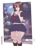  2022 autopaizuri breasts brown_hair bulge erection erection_under_clothes futanari gigantic_testicles glasses highres hiroko_(raoky) large_breasts long_hair masturbation no_nut_november paizuri penis penis_out penis_under_another&#039;s_clothes raoky school_uniform skirt solo standing tagme testicles 