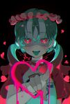  1girl aqua_hair black_background blue_tongue colored_skin colored_tongue commentary dot_nose drawn_heart earrings english_text falling_petals hair_between_eyes hair_ornament hair_over_shoulder hand_up hatsune_miku head_wreath heart heart-shaped_pupils highres index_finger_raised jewelry long_hair looking_at_viewer multicolored_hair necklace omutatsu open_mouth pale_skin petals pink_hair pink_sleeves print_shirt raglan_sleeves red_eyes scar scar_on_face shirt short_sleeves simple_background solo stitched_face stitches stud_earrings symbol-shaped_pupils teeth tongue tongue_out translated twintails upper_teeth_only zombie zombie_(vocaloid) 