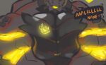 after_vore anthro anthro_pred biceps black_body black_horn black_scales black_sclera dialogue dragon hi_res horn male muscular muscular_anthro muscular_male pec_vore pectoral_vore scales solo text vore yellow_eyes zephyrchill