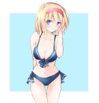  1girl alice_margatroid alternate_costume bikini blonde_hair blue_bikini blue_eyes blush breasts cleavage closed_mouth commentary_request hairband highres ichimura_kanata large_breasts looking_at_viewer medium_hair midriff red_hairband solo swimsuit thighs touhou 