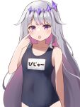  1girl alternate_costume black_one-piece_swimsuit character_name colored_inner_hair grey_hair hair_flaps highres hololive hololive_english jewel_under_eye koseki_bijou long_hair looking_at_viewer multicolored_hair nero_(starlightbrakerexfb) one-piece_swimsuit pink_hair purple_eyes school_swimsuit solo swimsuit tongue tongue_out very_long_hair virtual_youtuber white_background 