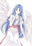  1girl ancient_ys_vanished angel_wings blue_eyes blue_hair collarbone commentary_request curtained_hair dress eyelashes feena_(ys) gold_necklace gotoco18 highres jewelry long_dress long_hair necklace red_sash sash simple_background smile solo teeth white_background white_dress wings ys 