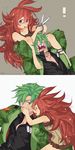  1girl absurdres camouflage dandruff dog_tags flaky flippy green_eyes green_hair happy_tree_friends height_difference highres kab00m_chuck long_hair military military_uniform personification red_eyes red_hair scissors short_hair uniform 