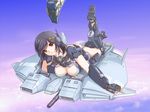  ass base_jabber black_hair breasts brown_eyes cameo cleavage cloud flying gundam gundam_unicorn hair_ornament jesta large_breasts legs_up lying mecha mecha_musume mori_chu on_stomach parted_lips sky star star_hair_ornament unicorn_gundam 