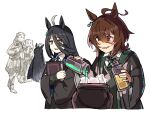  2girls agnes_tachyon_(umamusume) ahoge animal_ears black_hair black_robe book brown_hair collared_shirt cosplay diagonal-striped_clothes diagonal-striped_necktie earrings green_necktie grey_sweater hair_between_eyes harry_potter_(series) hogwarts_school_uniform holding holding_book horse_ears horse_girl ido_(teketeke) jewelry long_bangs long_hair long_sleeves manhattan_cafe_(umamusume) multicolored_hair multiple_girls necktie open_mouth ravenclaw red_eyes robe scarf school_uniform shirt short_hair simple_background single_earring slytherin smile striped_clothes striped_necktie sweater umamusume upper_body white_background white_hair white_shirt wizarding_world yellow_eyes 