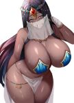  1girl absurdres aqua_eyes arm_behind_back bare_arms bare_shoulders black_hair blush breasts cleavage commentary_request dark-skinned_female dark_skin fate/grand_order fate_(series) hand_in_own_hair highres huge_breasts jasony jewelry long_hair looking_at_viewer parted_lips partial_commentary scheherazade_(fate) see-through simple_background solo thighs white_background 