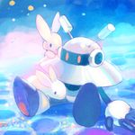  bad_pixiv_id bunny crater galaxyman ginger_ale_(huwahuwaryuo) highres no_humans red_eyes robot rockman rockman_9 sitting solo 