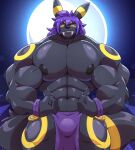 abs anthro big_muscles big_pecs black_body black_fur bottomwear bulge clothing eeveelution fangs flexing full_moon fur generation_2_pokemon glistening glistening_body hair hi_res huge_muscles light loincloth male moon moonlight muscular muscular_anthro muscular_male myiko night nintendo pecs pokemon pokemon_(species) purple_hair sabertooth_(anatomy) shirtless sky solo star teeth umbreon