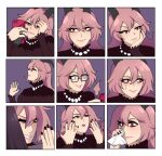  1girl black_dress demon_girl demon_horns dress expressions funamusea gallaxi horns jewelry lil_(funamusea) long_hair necklace pearl_necklace pink_hair red_eyes solo 