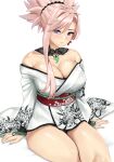  1girl absurdres bare_shoulders blue_eyes blush breasts cleavage fate/samurai_remnant fate_(series) highres large_breasts long_hair looking_at_viewer miyamoto_musashi_(fate) pink_hair ponytail ryouya smile solo swept_bangs 