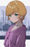  1girl blonde_hair blurry blurry_background buttons campbell_xx capelet closed_mouth commentary_request green_eyes gundam gundam_unicorn highres looking_at_viewer mineva_lao_zabi purple_capelet shirt short_hair solo upper_body very_short_hair white_shirt 